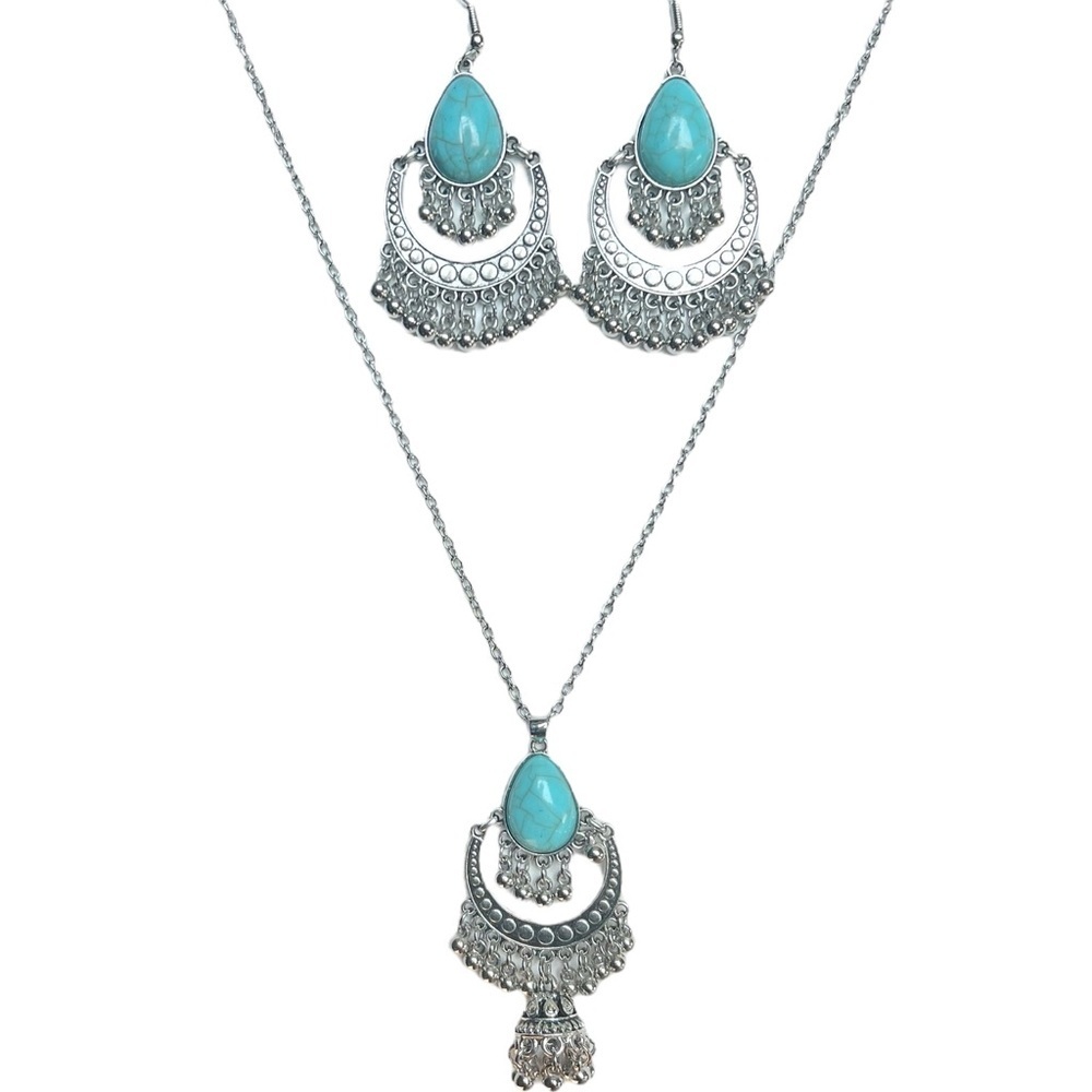 Western Style Faux Turquoise Silver Beaded Tassel Pierced Earrings Necklace Set